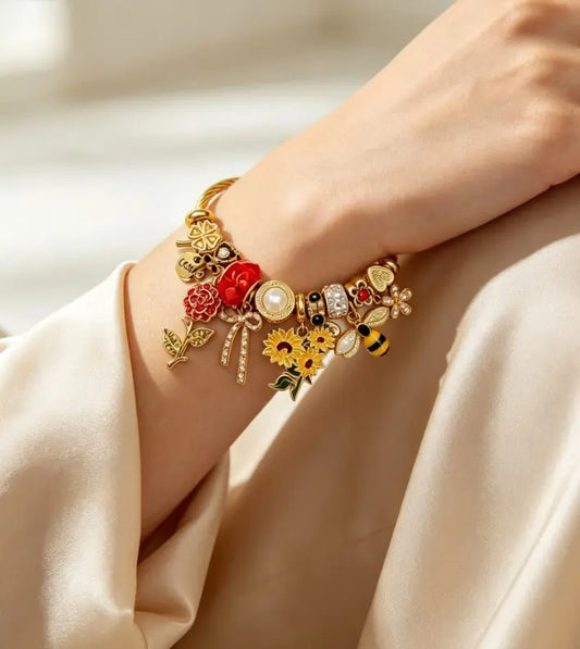 Women's Gold-Tone Adjustable Open Twisted Wire Cuff Bracelet - Costume Jewelry with Multi-Color Enamel Flowers, Crystals, Simulated Pearl Drops, Floral Vintage Garden Charms, Daily Fashion Accessory, Birthday Gift Ideas