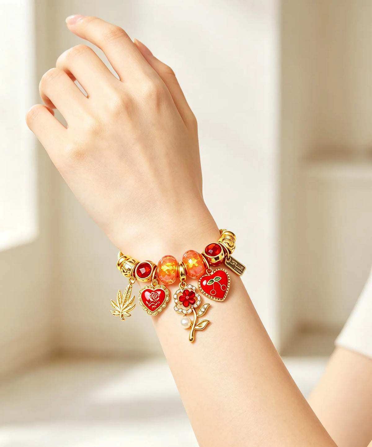 Charm Open Cuff Bangle Bracelet, Gold Twisted Wire Bracelet with Red Heart Cherry Rose Flower Charms, Dainty Adjustable Beaded Bracelet Jewelry Gift for Women Girls