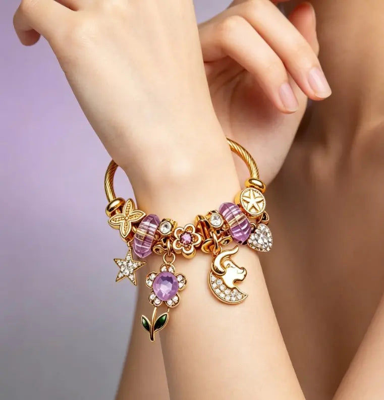 Purple Crystal Gold Charm Bangle, Adjustable Wire Bracelet with Star Floral Bull Moon Winged Heart Pendants, Jewelry Gift for Women