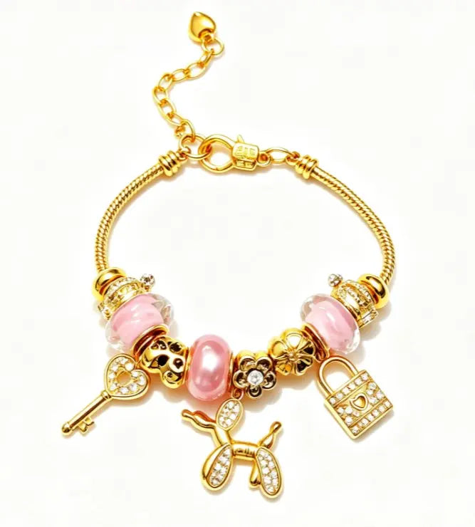 Pink Pearl Balloon Dog Charm Bracelet, Shiny Golden Snake Chain Beaded Bracelet with Lock Key Flower Pendant, Elegant Women Jewelry Gift Box Packed