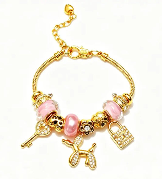 Pink Pearl Balloon Dog Charm Bracelet, Shiny Golden Snake Chain Beaded Bracelet with Lock Key Flower Pendant, Elegant Women Jewelry Gift Box Packed