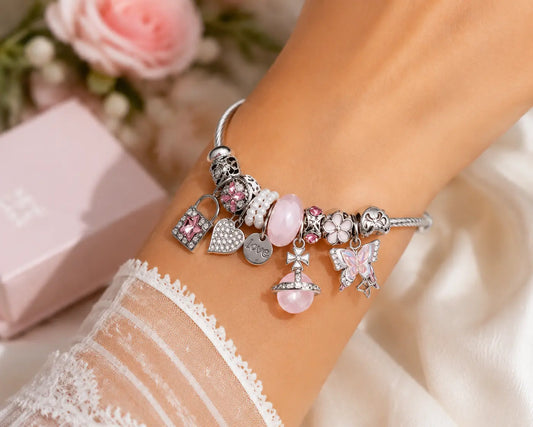 Dreamy Pink Crystal Butterfly Lock Bangle | Sweet Charm Bracelet, Romantic Girly Accessory