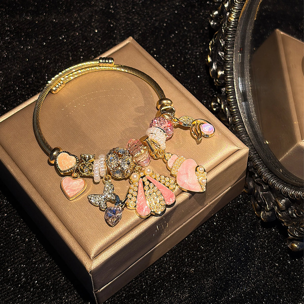Women's Ocean Shell Charm Bracelet - Enamel Seashell Dangle Charms, Crystal & Pearl Beaded Bangle, Trendy Beach Costume Jewelry Gift for Women