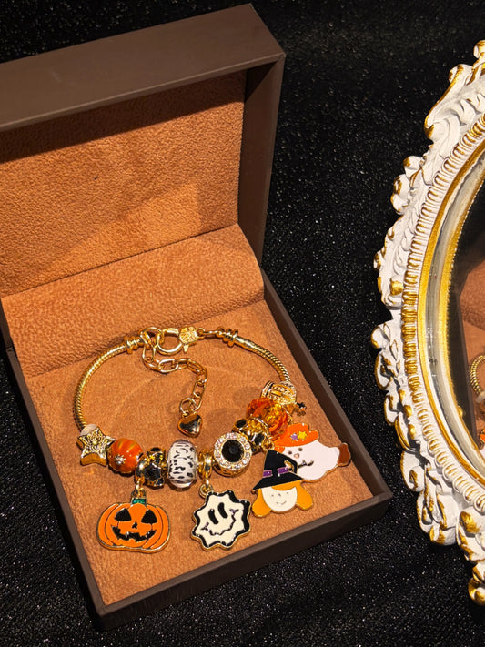 Halloween Pumpkin Ghost Witch Charm Bracelet, Gold-Tone Dangle Bracelet with Orange Bead, Bat and Black Eye Pendant, Spooky Cute Holiday Jewelry for Party Gift
