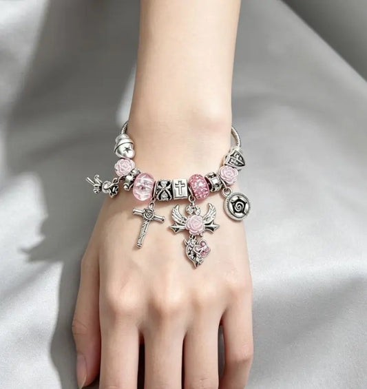 Silver Adjustable Snake Chain Charm Bracelet, 3D Stereoscopic Rose Cross Angel Butterfly Beaded Bracelet, Exquisite Handcraft Fashion Jewelry Gift for Women Teen Girls