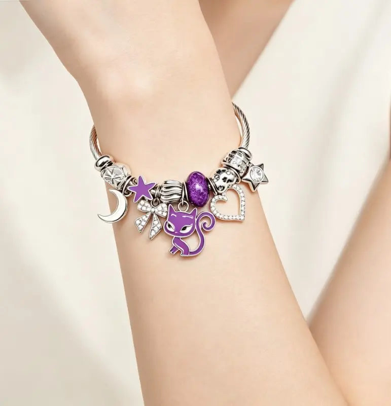 Open Bangle Twisted Cable Wire Bracelet, Purple Cat Moon Star Heart Rhinestone Charms Bangle, Adjustable Flexible Cuff Jewelry Gift for Women Girls
