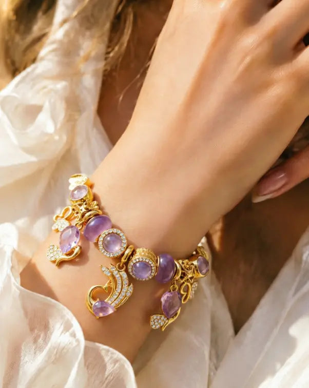 Purple Phoenix Charm Bead Bracelet, Gold Plated Adjustable Chain Bracelet with Teardrop Crystal Charms, Elegant Dainty Jewelry Gift for Women