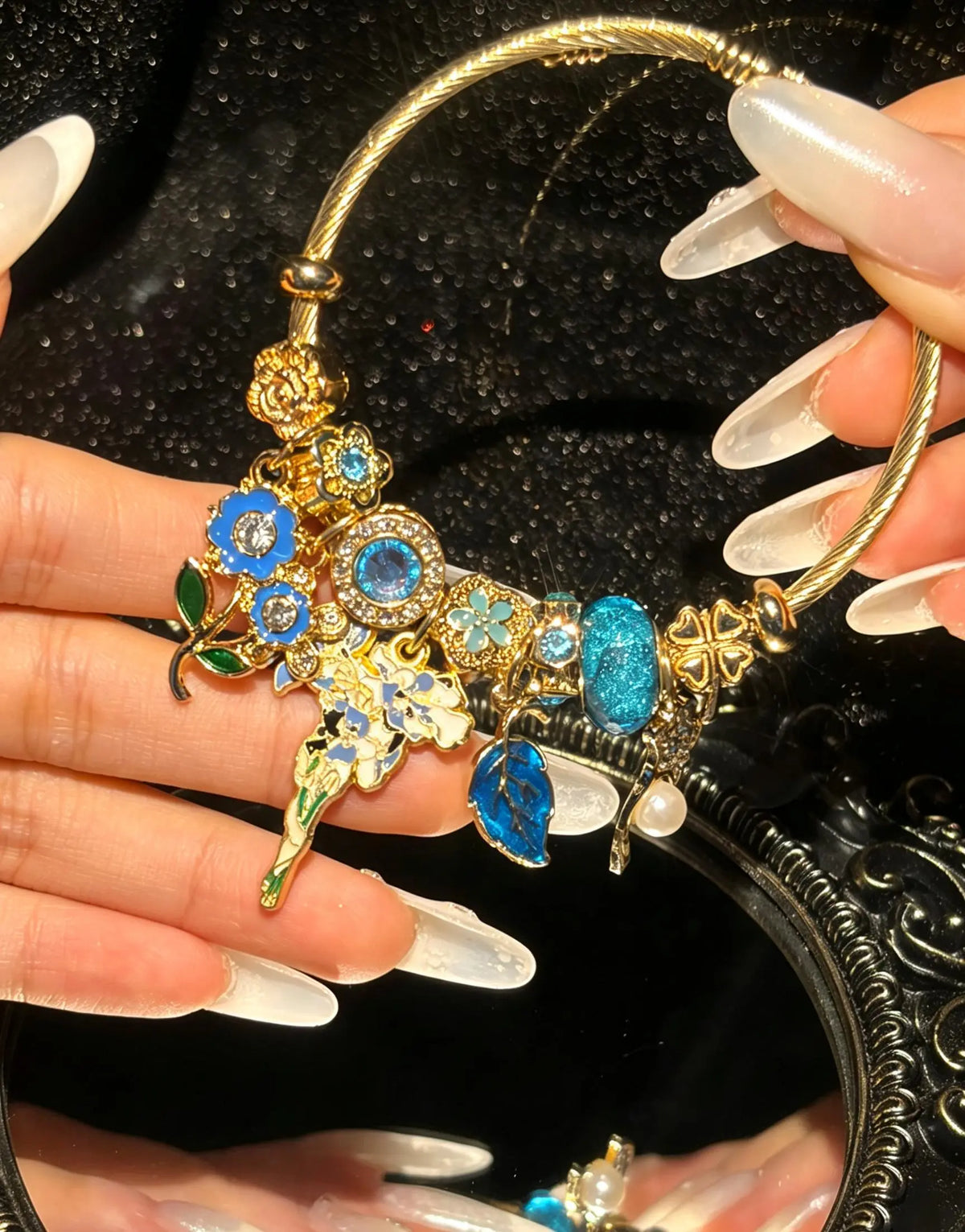 Women's Gold-Tone Enamel Floral Open Cuff Charm Bangle - Nature Collection Jewelry with Flower, Leaf, Pearl & Rhinestone Charms, Fashion Gift for Ladies