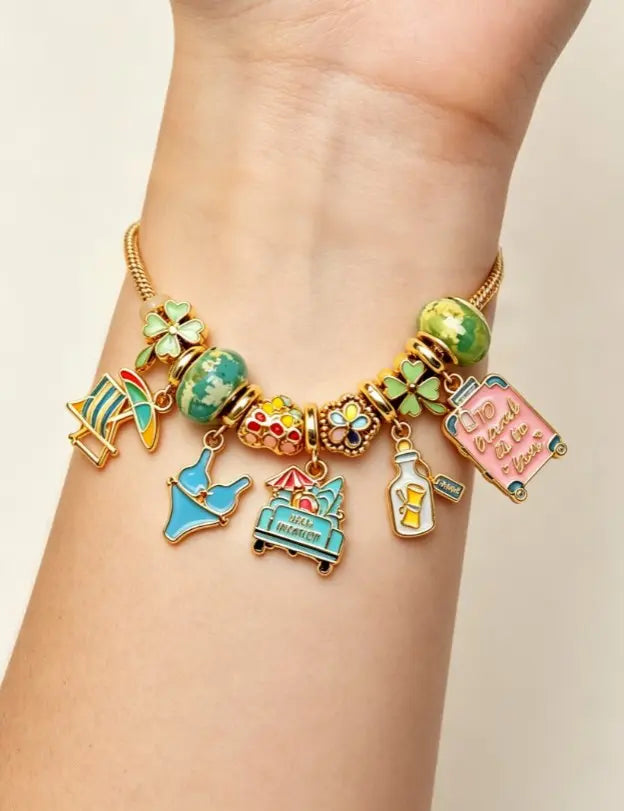 Summer Beach Travel Gold Snake Chain Charm Bracelet for Women, Enamel Vacation Charms Adjustable Bracelet with Beach Chair Bikini Suitcase Pendant Jewelry Gift
