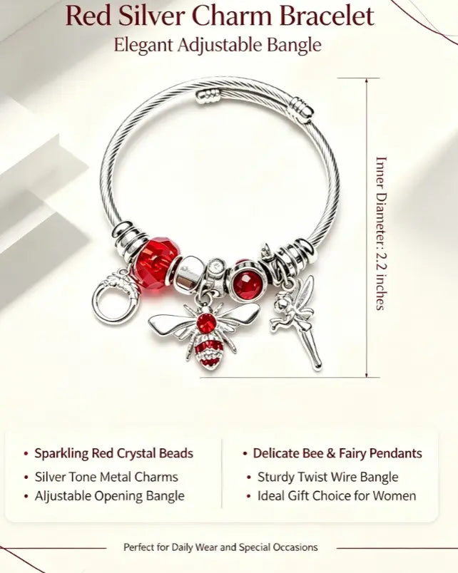 Adjustable Twist Wire Bangle Bracelet with Sparkling Red Crystal Bees and Fairy Charms, Silver Tone Open Cuff Bracelet Jewelry Gift for Women