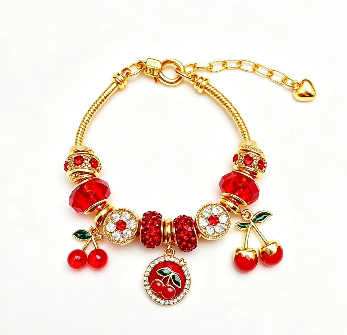 Gold Tone Cherry Charm Bracelet, Red Crystal Beaded Snake Chain Bracelet， Jewelry Gift for Women Girls