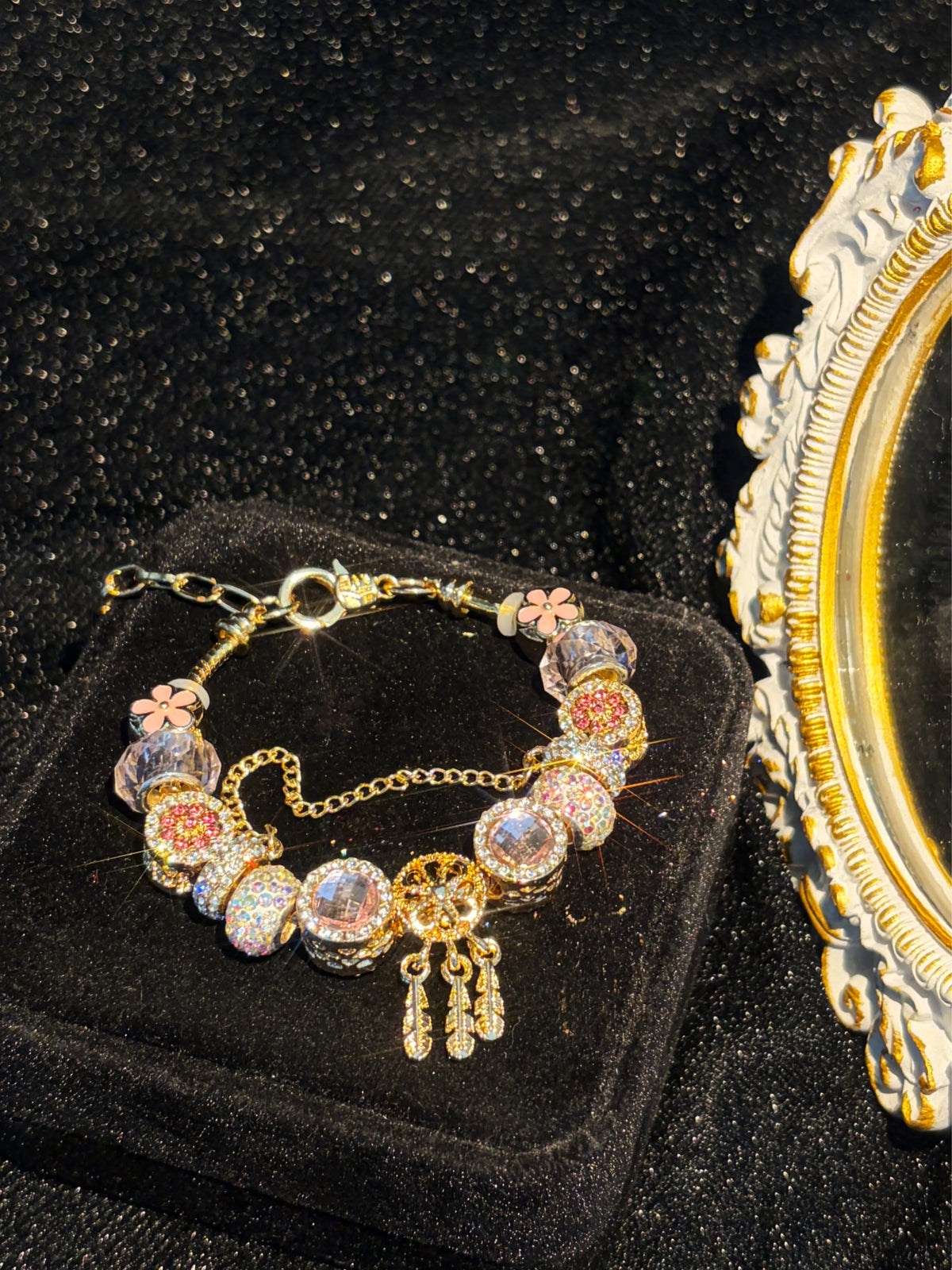 Women's Gold-Tone Feather Tassel Charm Bead Bracelet with Pink Flower Enamel & Crystal Rhinestone Beads, Stackable Costume Jewelry Gift