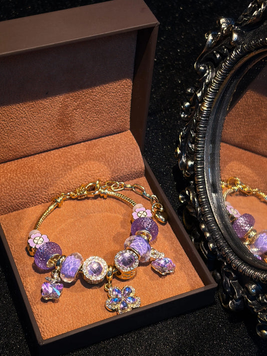 Women's Gold-Tone Adjustable Snake Chain Stackable Charm Bracelet with Sparkly Purple Flower, Butterfly Glass Bead Charms - Trendy Costume Jewelry Gift for Ladies