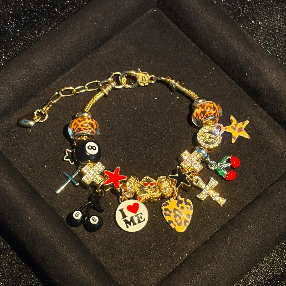Women's Y2K Leopard Print Charm Bracelet - Gold-Tone Snake Chain, 9.85in Total Length, 2-Style Enamel Crystal Charms with 8-Ball, Cross, Cherry, Star Pendants, Fashion Costume Jewelry Gift for Girls