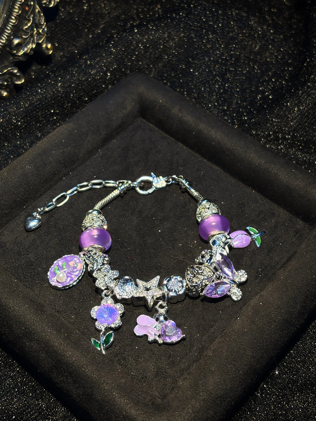 Purple Butterfly Star Charm Bracelet, Sparkling Rhinestone Beaded Snake Chain Bracelet, Dainty Dangle Charm Jewelry Gift for Women Teen Girls