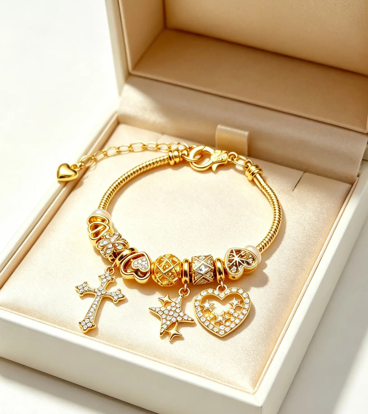 Gold Plated Cross Star Heart Charm Snake Chain Bracelet, Adjustable Cubic Zirconia Beaded Bracelet, Fashion Jewelry Gift for Women