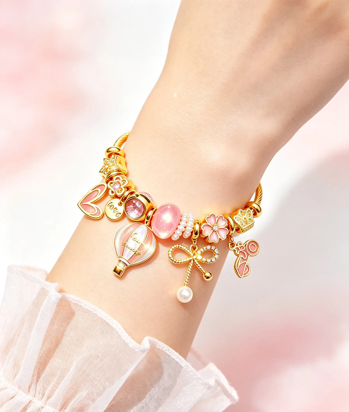 Pink Hot Air Balloon Charm Bangle, 14K Gold Twisted Cable Bracelet with Cherry Blossom, Bow, Heart & Pearl Pendant, Dainty Pink Crystal Beads Jewelry Gift for Women Teen Girls