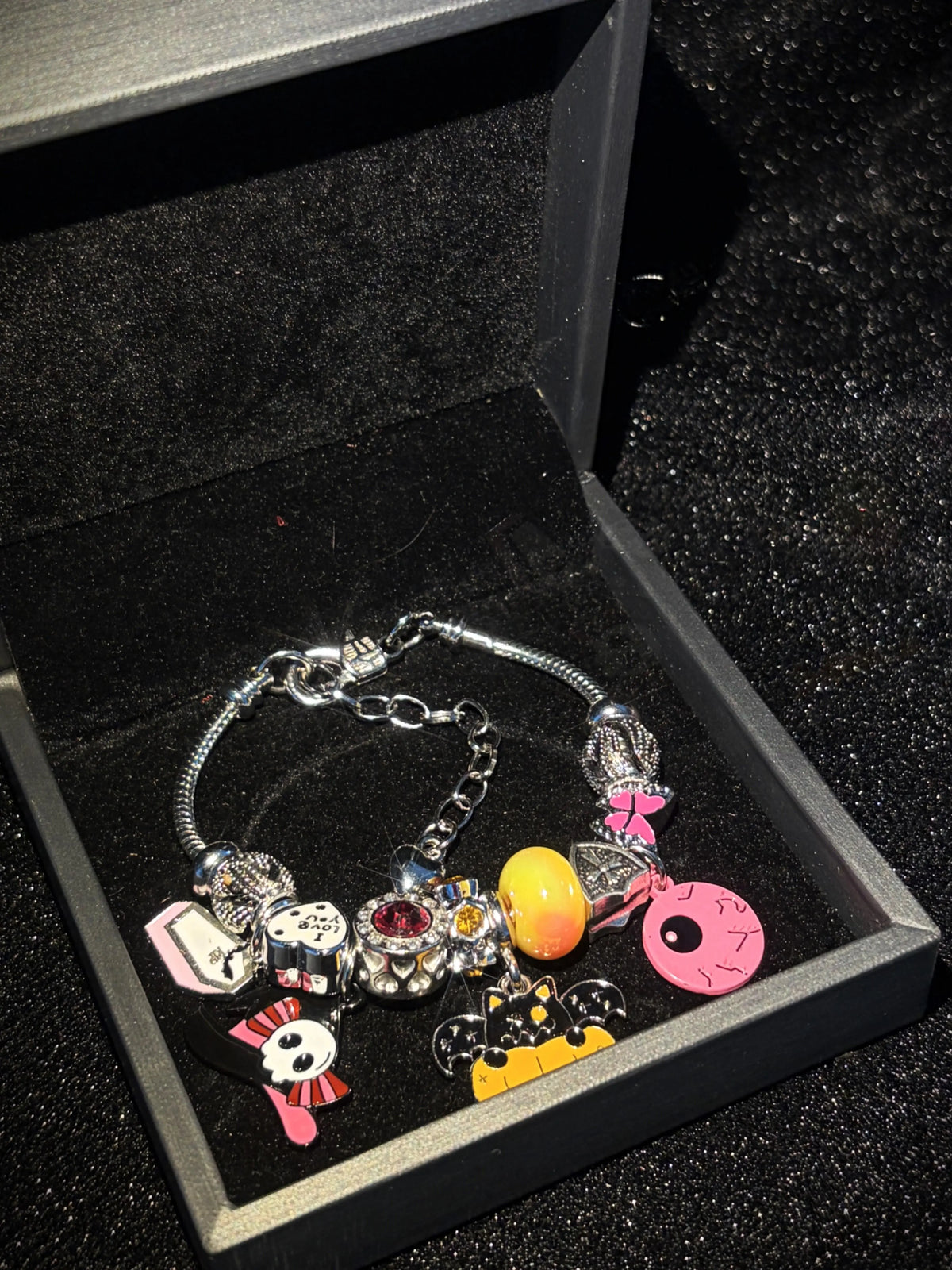 Women's Spooky Cute Halloween Charm Bracelet - Silver-Tone Snake Chain with Pirate Skull, Bat-Pumpkin, Voodoo Doll Enamel Dangles, Pave Crystal Large Hole Beads - Costume Party Jewelry Gift