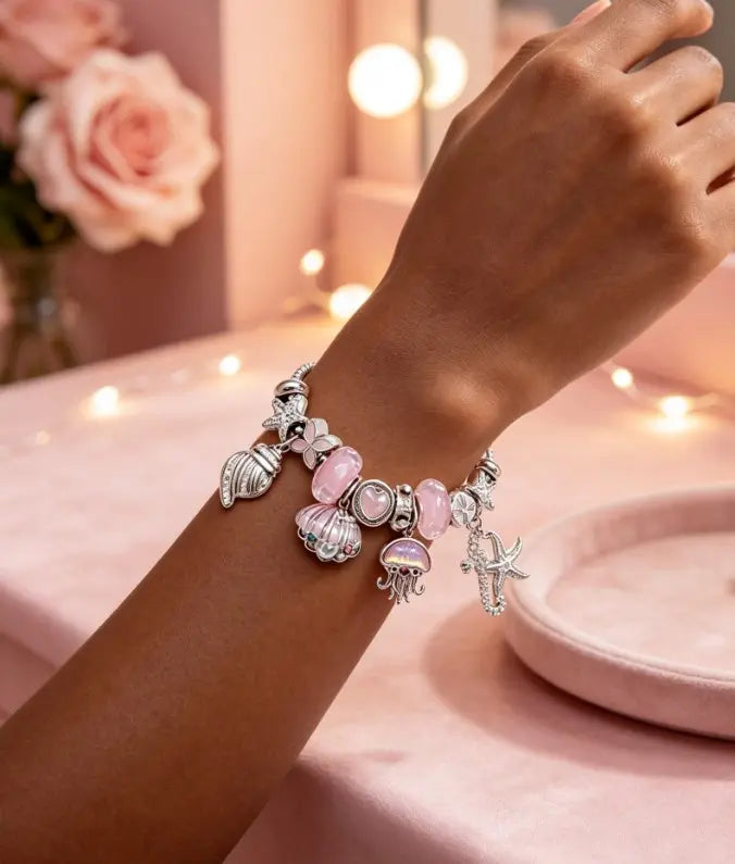 Pink Ocean Sea Themed Charm Bracelet, Silver Snake Chain Bracelet with Jellyfish, Seashell, Starfish, Mermaid Tail Pink Crystal Beads, Adjustable Mermaid Ocean Dangle Charms Bangle Jewelry Gift for Women Girls