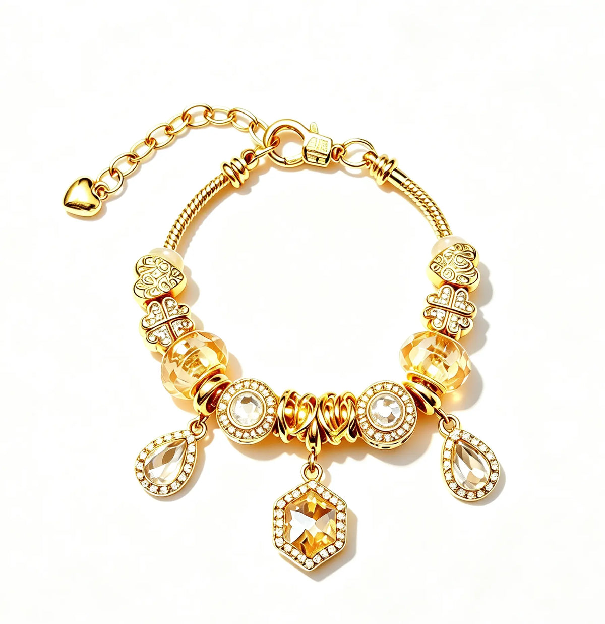 Luxury Champagne Gold Hexagon Charm Bracelet, Gold-Tone Snake Chain with Clover & Teardrop Zircon Beads, Adjustable Elegant Jewelry for Women