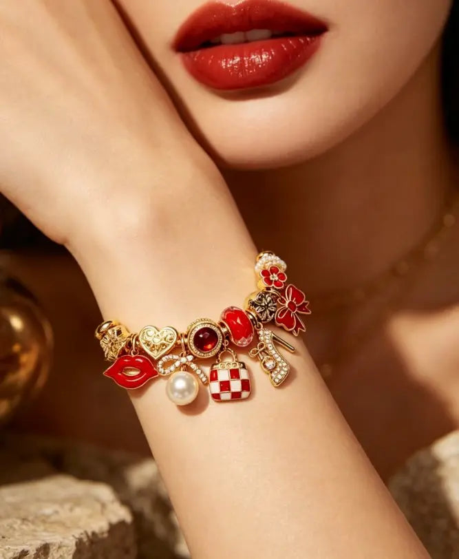 Fashion Red Lip & High Heel Charm Bangle, Gold-Tone Twisted Wire Hard Bracelet with Red Enamel & Pearl Beads, Western Style Jewelry for Women