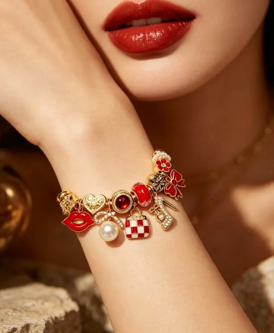 Fashion Red Lip & High Heel Charm Bangle, Gold-Tone Twisted Wire Hard Bracelet with Red Enamel & Pearl Beads, Western Style Jewelry for Women