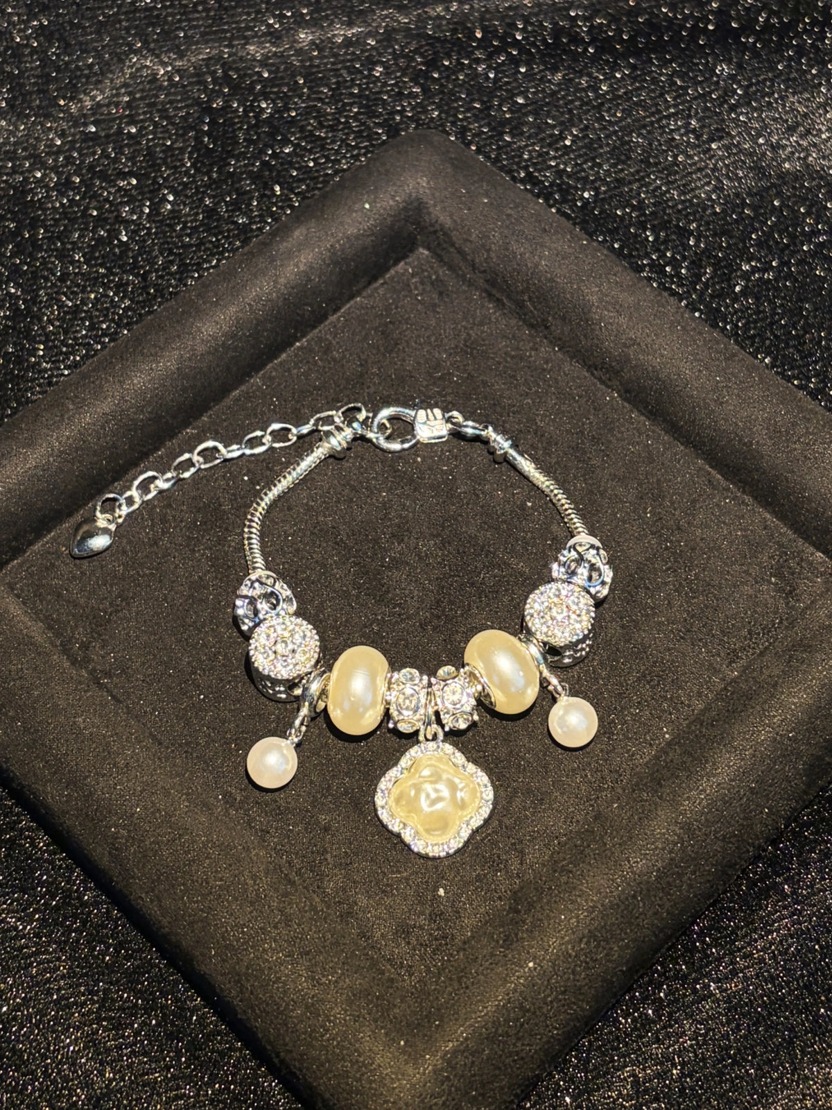 Silver-Tone Snake Chain Charm Bracelet - Clover Embossed Pendant, Pearl & Rhinestone Inlaid Stackable Costume Jewelry Gift for Women