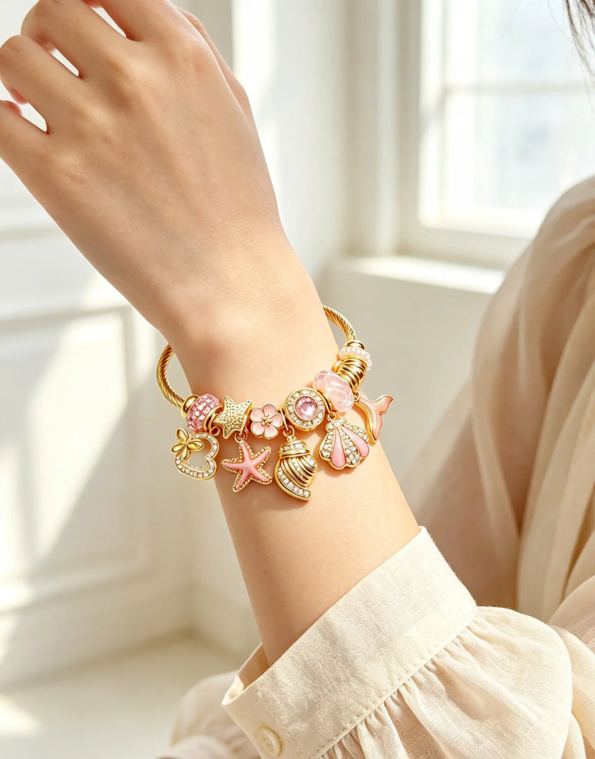 Pink Gold Tone Ocean Theme Charm Bangle, Adjustable Open Cable Wire Bracelet with Starfish, Seashell, Mermaid Tail, Heart Pendant, Transparent Pink Crystal Rhinestone Beads, Dainty Beach Jewelry Gift for Women