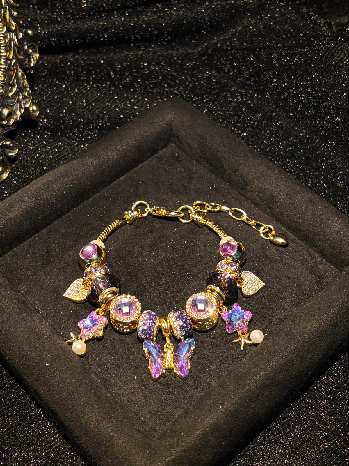 Womens Sparkly Purple Butterfly Charm Bracelet, Pearl Dangle Rhinestone Beaded Jewelry for Girls