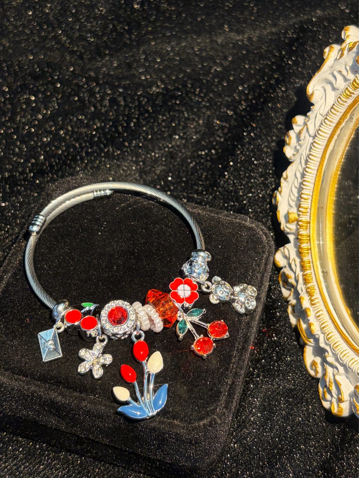 Open Bangle Bracelet, Cherry Tulip Flower Bear Enamel & Sparkling Crystal Dangle Charms, Cute Colorful Statement Jewelry Gift for Women