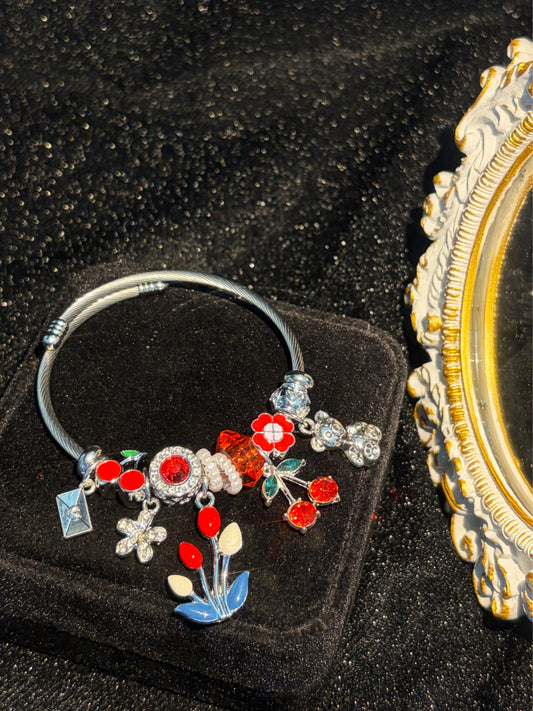 Open Bangle Bracelet, Cherry Tulip Flower Bear Enamel & Sparkling Crystal Dangle Charms, Cute Colorful Statement Jewelry Gift for Women