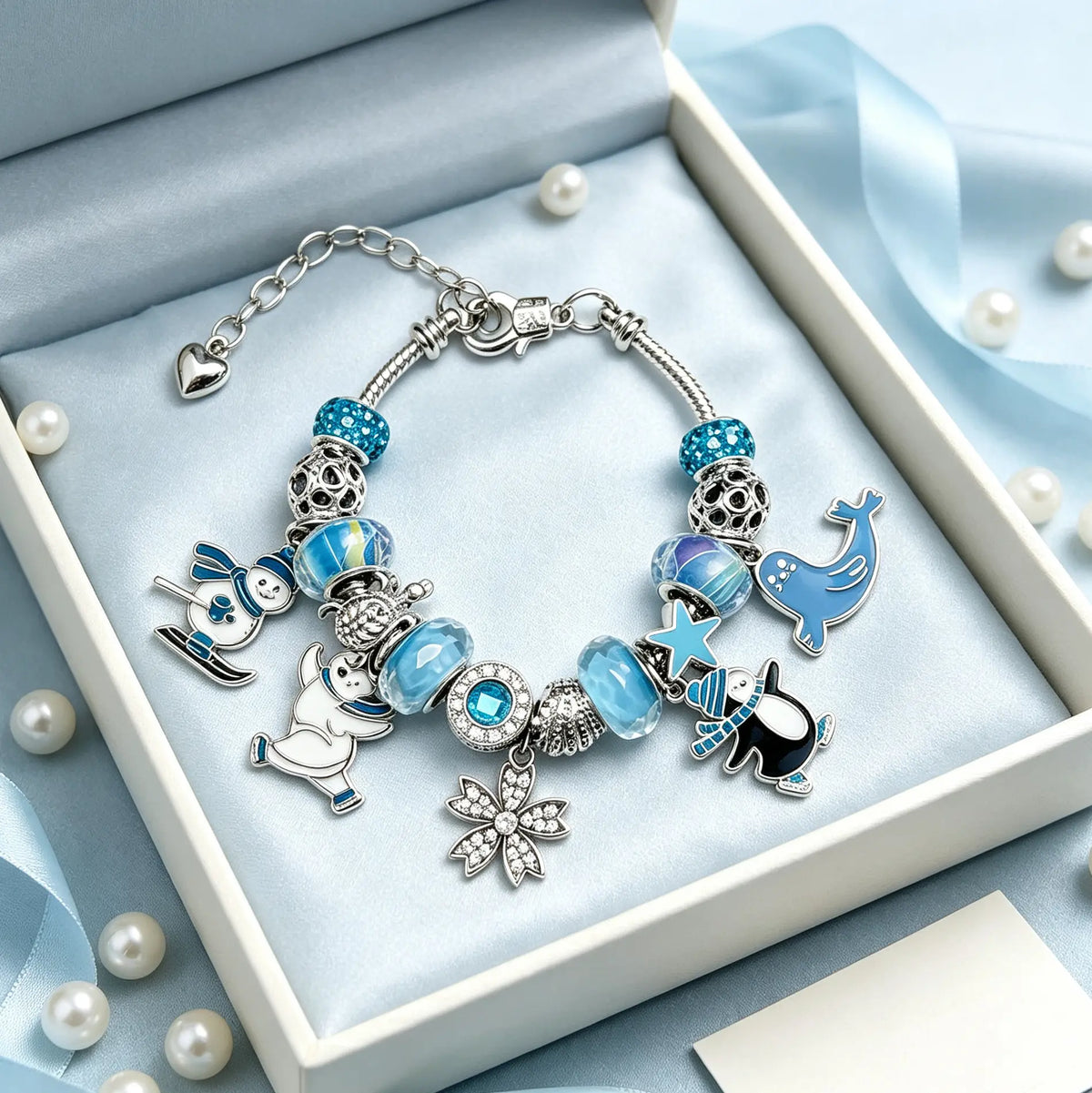 Silver Winter Ocean Charm Bracelet, Enamel Penguin Seal Snowman Snowflake Beaded Snake Chain Bracelet, Cute Animal Crystal Charm Jewelry Gift for Women