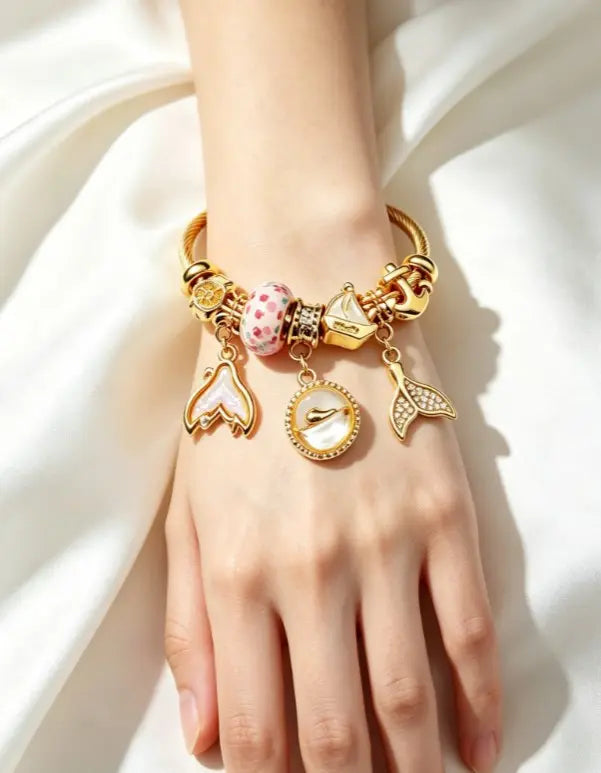 Ocean Mermaid Gold Cable Bangle Bracelet, Pink Floral Glass Bead with Sailboat & Mermaid Tail Charms, Luxury Beaded Jewelry Gift for Women