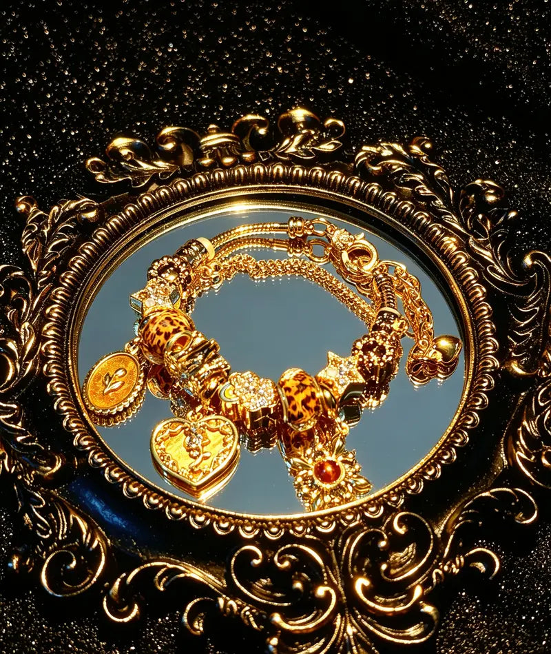 Gold Leopard Print Beaded Charm Bracelet, Vintage Heart Pendant Bangle with Crystal Flower Dangle Charms, Women Fashion Jewelry Gift
