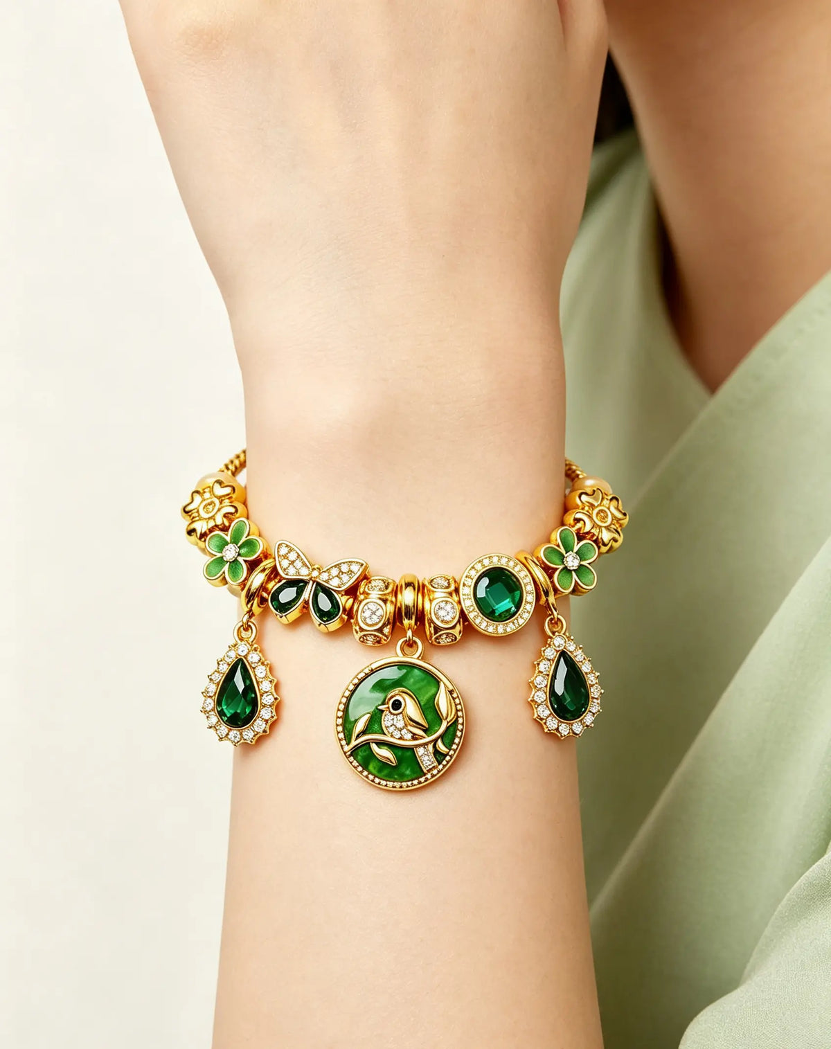 Vintage Green Enamel Bird Charm Bracelet, Gold-Tone Snake Chain with Floral & Teardrop Zircon Beads, Adjustable Fashion Jewelry for Women