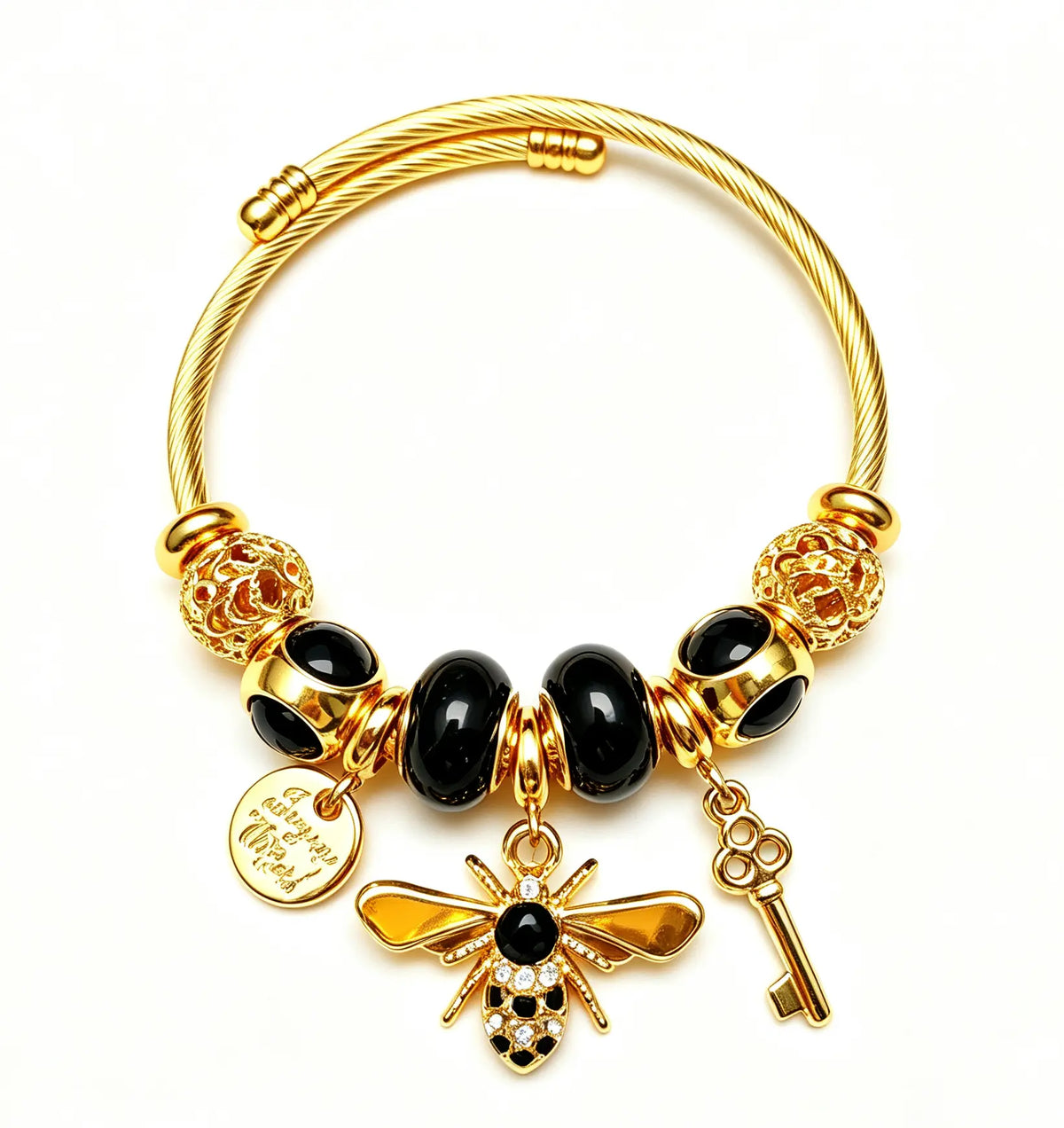 Gold Bee Charm Bangle Bracelet for Women, Adjustable Cable Wire Open Cuff Bracelet with Key & Coin Pendant, Fashion Multicolor Beaded Jewelry Gift