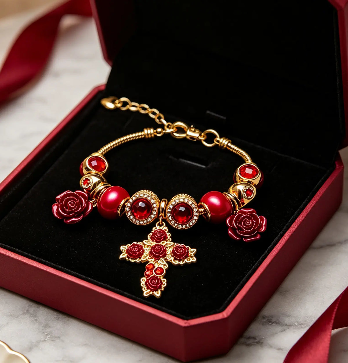 Red Rose Cross Golden Charm Bracelet, Red Crystal Beaded Adjustable Snake Chain Bracelet