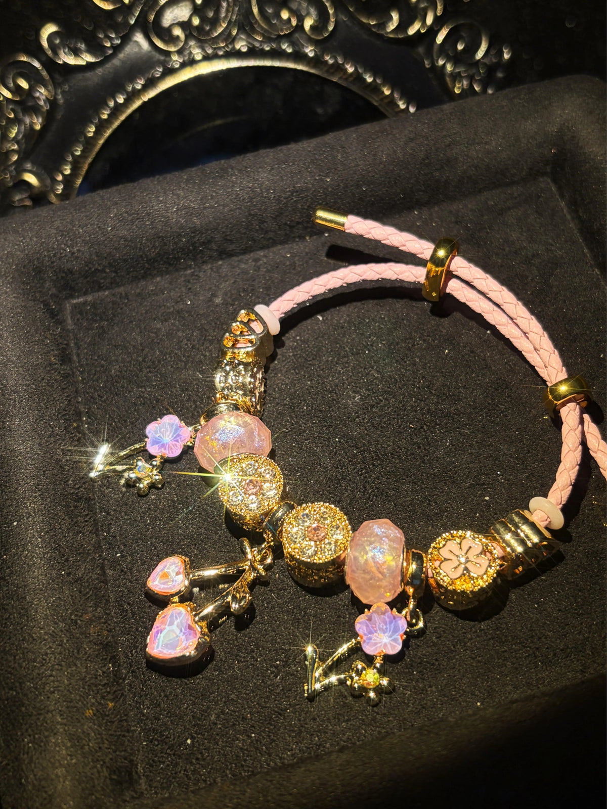Women's Blush Pink Faux Leather Rope Charm Bracelet - Gold-Tone, Cherry Heart & Flower Crystal Pendants - Sweet Elegant Costume Jewelry Statement Piece