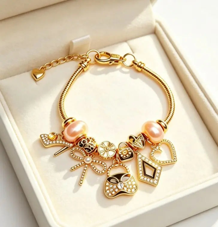 Gold Snake Chain Charm Bracelet for Women, Dainty Pink Pearl Beads Bracelet with High Heel, Bow, Handbag, Heart Diamond Crystal Charms, Adjustable Extension Link Jewelry Gift for Girls