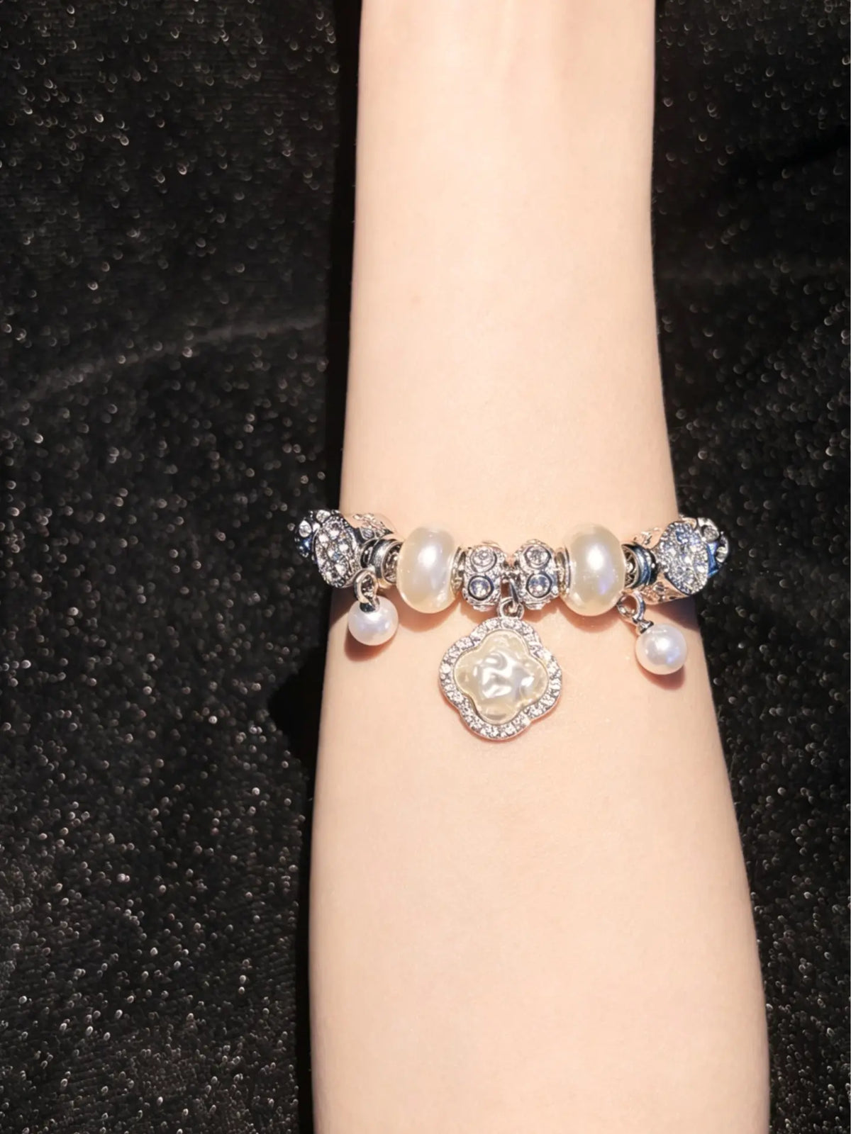 Silver-Tone Snake Chain Charm Bracelet - Clover Embossed Pendant, Pearl & Rhinestone Inlaid Stackable Costume Jewelry Gift for Women