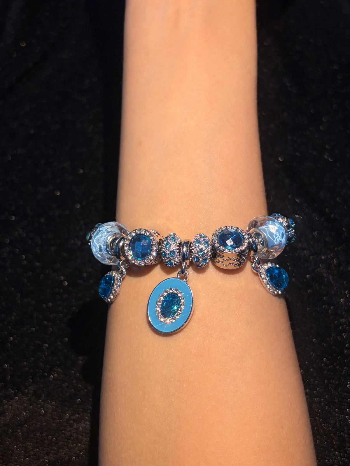 Silver‑Tone Snake Chain Charm Bracelet for Women, Ocean Style Blue Crystal & Murano‑Style Glass Beaded Bracelet, Teardrop Rhinestone Dangle Charms, Stackable Statement Jewelry Gift
