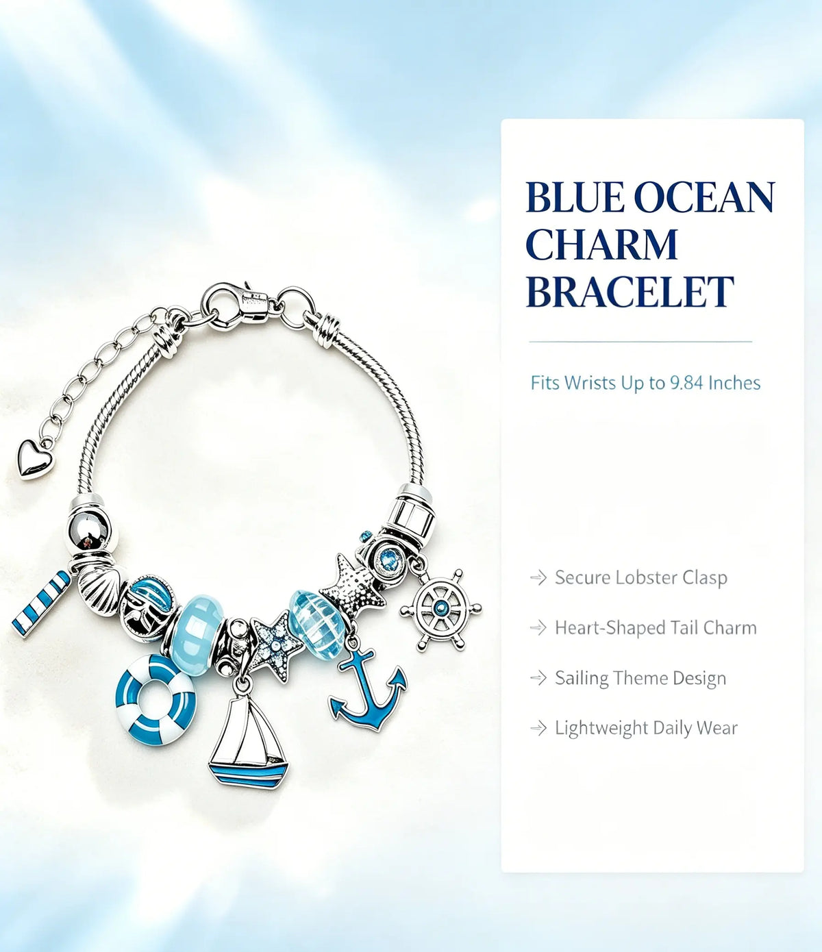 Nautical Ocean Charm Snake Chain Bracelet for Women, Adjustable Blue Sailboat Anchor Lifebuoy Beaded Bracelet, Beach Summer Jewelry Gift