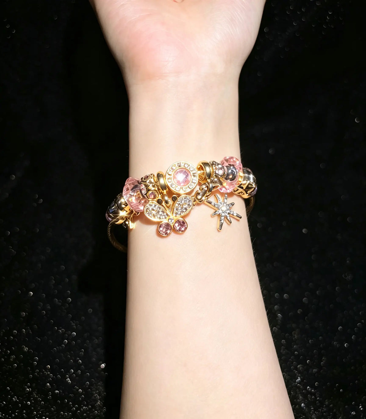 Sparkling Pink Crystal Butterfly Star Dangle Charm Bangle Bracelet, Gold Tone Open Cuff Wire Bangle Fashion Jewelry Gift for Women