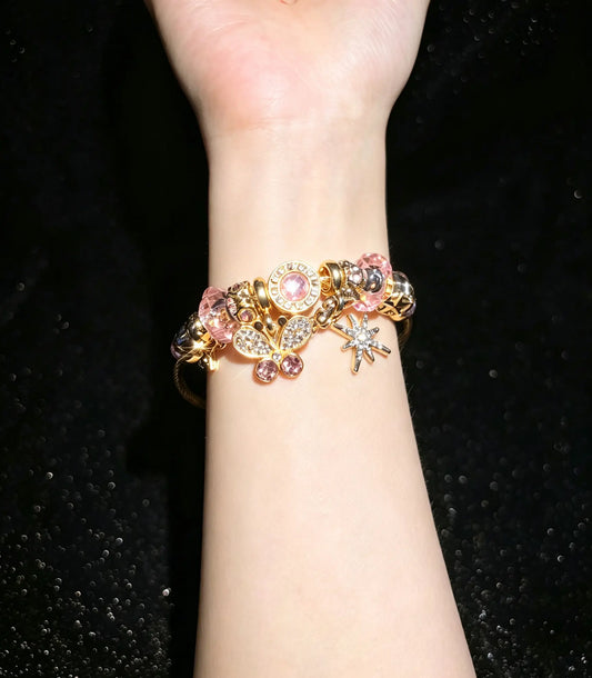 Sparkling Pink Crystal Butterfly Star Dangle Charm Bangle Bracelet, Gold Tone Open Cuff Wire Bangle Fashion Jewelry Gift for Women