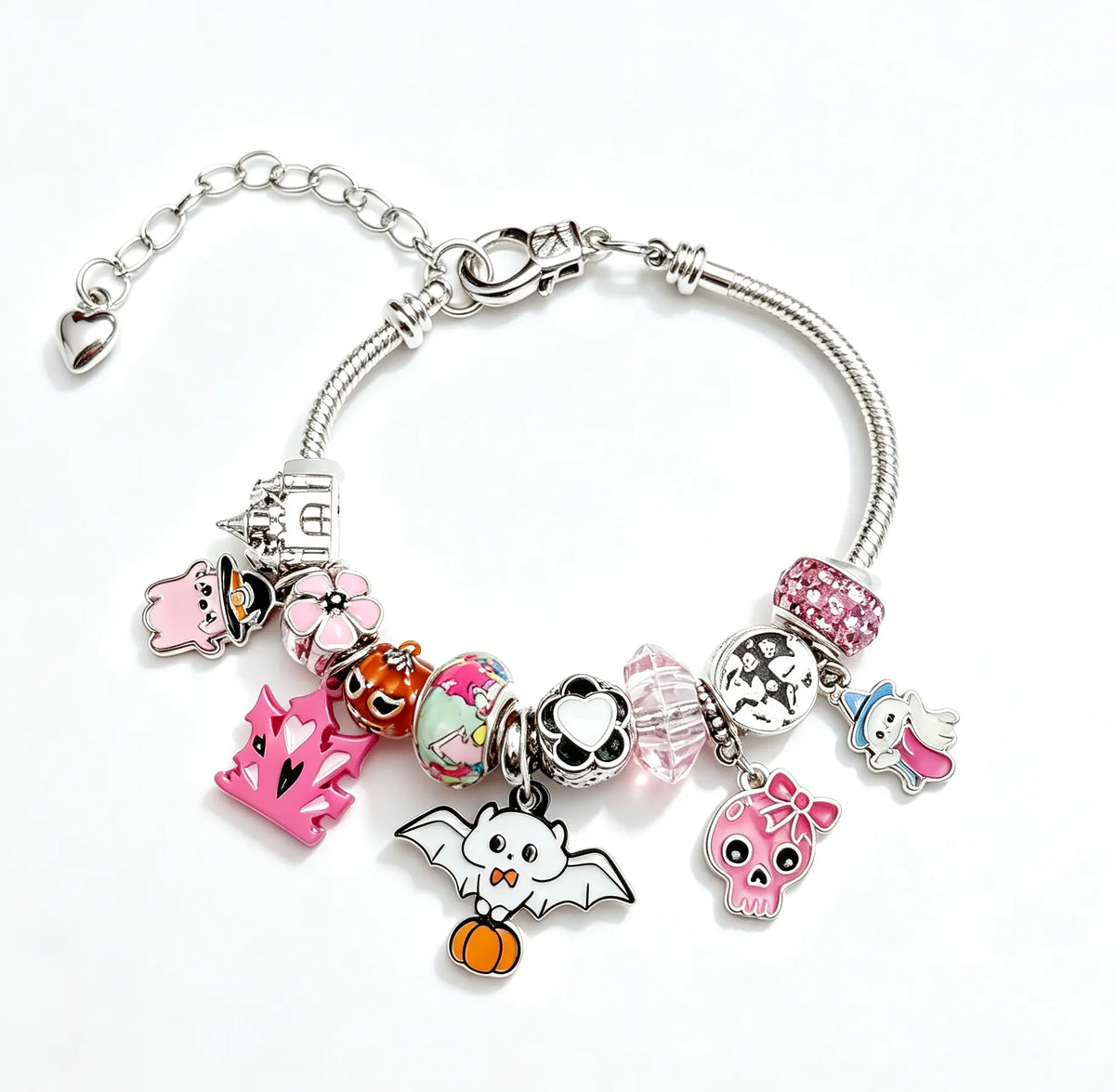 Halloween Pink Ghost Charm Bracelet, Silver-Tone Adjustable Snake Chain Bracelet with Pumpkin Bat Skull Dangle Charms, Cute Halloween Jewelry Gift for Women Girls