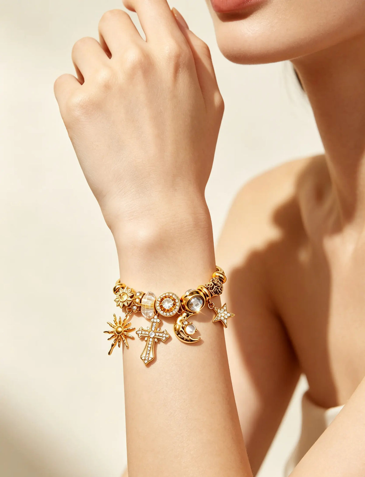 Twisted Tone Open Cuff Charm Bracelet for Women, Adjustable Flexible Bangle with Sun Moon Star Cross Rhinestone Charms, Vintage Celestial Fashion Jewelry Gift for Daily & Party Wear