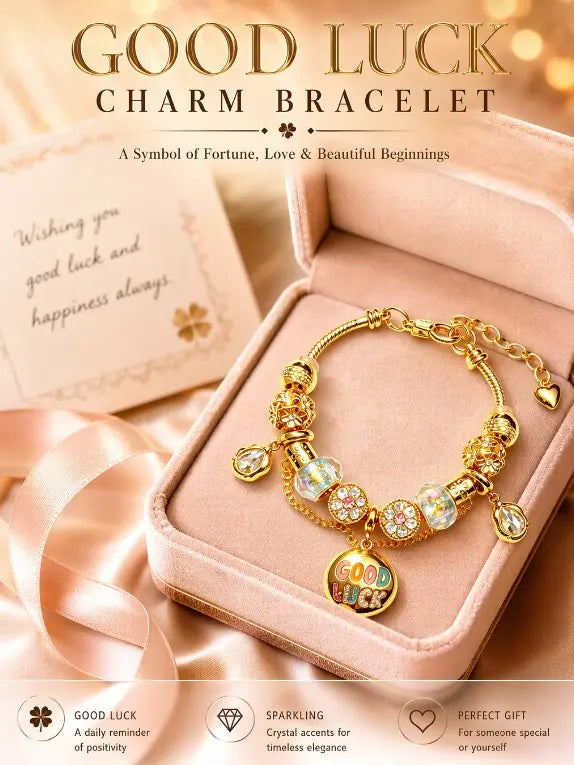 Gold Bead Charm Bracelet with GOOD LUCK Pendant, Adjustable Snake Chain Bracelet with Crystal Beads Dangle Charms, Fashion Jewelry Gift for Women Girls