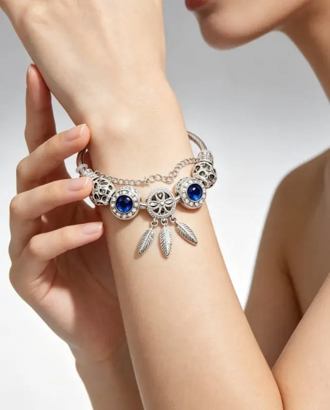 Dreamcatcher Feather Charm Silver Twisted Cable Bangle, Pink & Blue Crystal Rhinestone Hollow Bead Bracelet, Luxury Jewelry Gift for Women