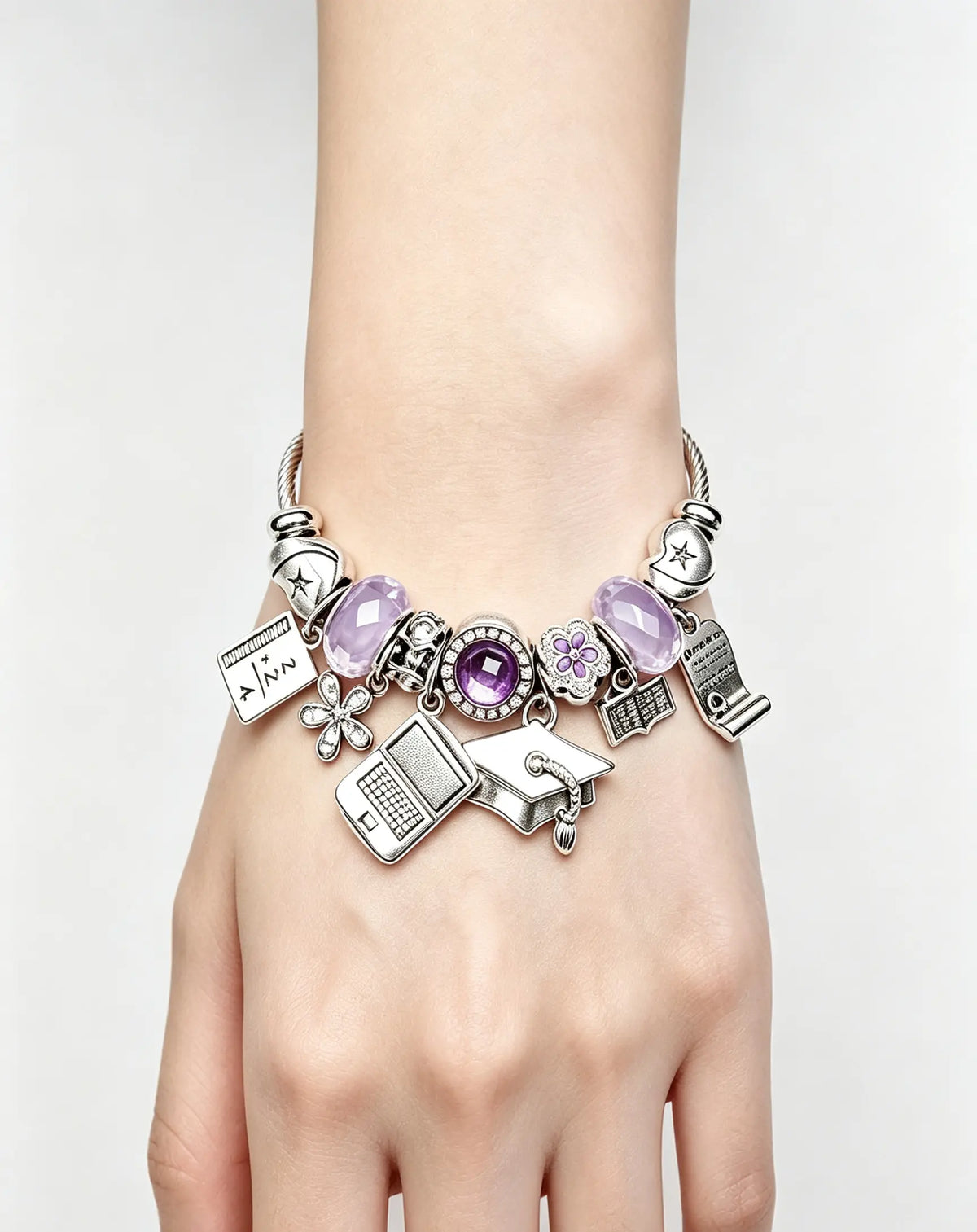 Graduation Commemorative Charm Bracelet | Twisted Rope Silver Bangle with Cap/Laptop/Book Charms (Blue/Purple Options)