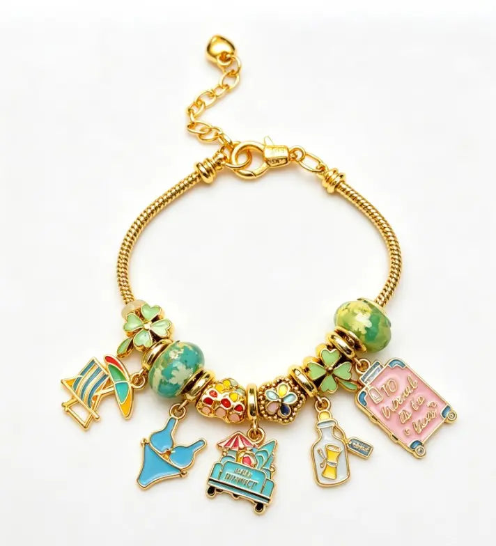 Summer Beach Travel Gold Snake Chain Charm Bracelet for Women, Enamel Vacation Charms Adjustable Bracelet with Beach Chair Bikini Suitcase Pendant Jewelry Gift